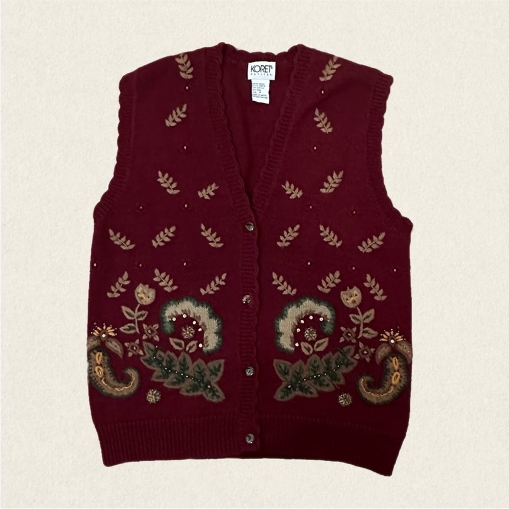 VTG Cottagecore Granny Wool Blend Floral Embroidered Button Down Sweater Vest